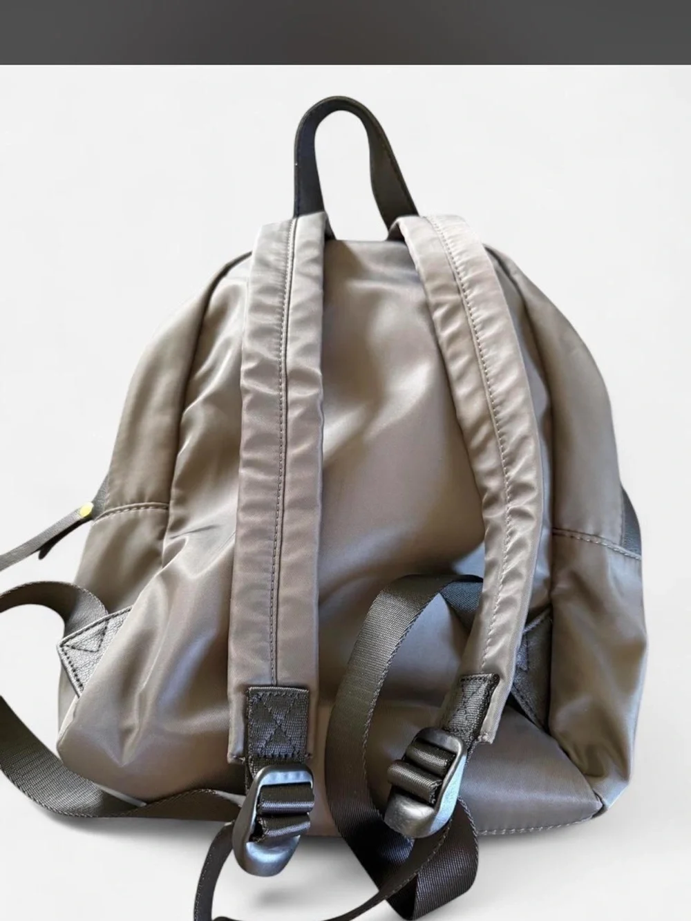 Gray Nylon Backpack with Black Leather Trim and Gold Hardware